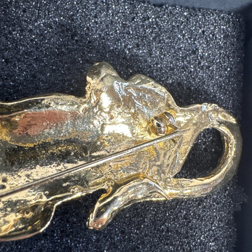 Panther Tiger Leopard Cat Green Clear Rhinestone Gold tone Pin Brooch Hap Pin 3